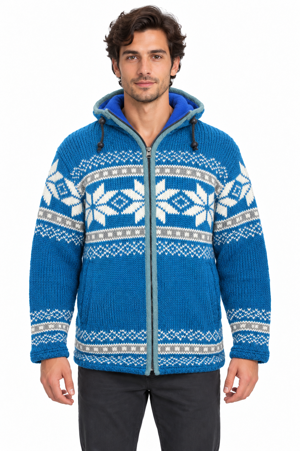 Blue & White Nordic Hooded Wool Jacket — model front view